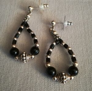 Black Onyx & Silver Bead Loop Earrings